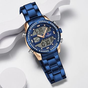 Neviforce NF9190 Dual Time Multifunction Luxury Stainless Steel Watch For Men- Blue