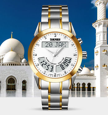 SKMEI Q036 Top Brand Muslim Men Watches Qibla Compass Adhan Alarm Hijri Calendar Islamic Al Harameen Fajr Time Wristwatch Leather Straps - SW