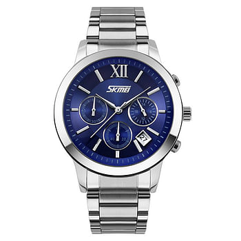 SKMEI 9097 Chronograph Stainless Steel Strap 30M Waterproof Wrist Watch for Men - Silver Blue