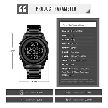 SKMEI 1611 Men Digital Watch Fashion Sports Stainless Steel Waterproof Wristwatches For Men - Black