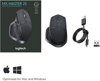 Logitech MX Master 2S Wireless Mouse, Multi-Device, Bluetooth or 2.4GHz Wireless with USB Unifying Receiver, 4000 DPI Any Surface Tracking, 7 Buttons, Fast Rechargeable, Laptop/PC/Mac/iPad OS - Black