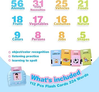 SHOWAY 112 Cards Talking Flash Cards for Toddlers 2-4 Years ,Educational Toys for 1 2 3 4 Year Old - Speech Therapy Toys Learning Animals Shape Color, Learning Cards Machine Birthday Gift for Ages 1-4