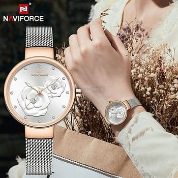 Neviforce Women's Black Dial Stainless Steel Mesh Chronograph Watch NF5013 Rose Gold Silver