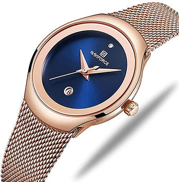 Naviforce NF5004 Luxury Designer Women's Watch Milanese Stainless Steel Ladies Watch with Date Display - Blue, Gold