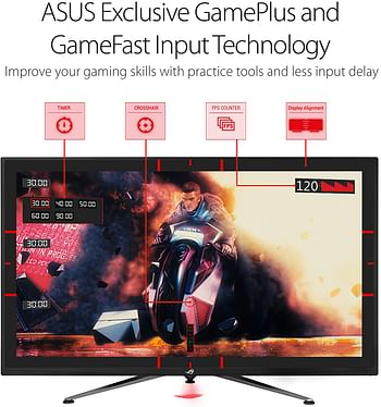 Asus ROG Strix XG438Q 43” Large Gaming Monitor with 4K 120Hz FreeSync 2 HDR Displayhdr 600 90% DCI-P3 Aura Sync 10W Speaker Non-Glare Eye Care with HDMI 2.0 DP 1.4 Remote Control