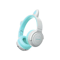 Promate Kids Wireless Bluetooth Headphones with LED Cat Ears, Safe Volume Limit, Mic, AUX, TF Card Slot, Panda Aqua