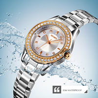 Skmei 1534 Fashion Inlay Case 3Bar Waterproof Stainless Steel Strap Women Quartz Watch Innovative Design Rhinestone Gold