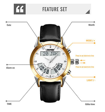 SKMEI Q036 Top Brand Muslim Men Watches Qibla Compass Adhan Alarm Hijri Calendar Islamic Al Harameen Fajr Time Wristwatch Leather Straps - SW