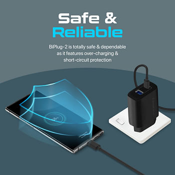 Promate USB-CAdapter, Universal 17W Multi-Port Wall Charger with 5V/3A Type-CPort, 5V/2.4A USB-A Port, Adaptive Charging and Over-Charging Protection for iPhone 13, Samsung Galaxy S22, iPad Air, BiPlug-2 EU Black