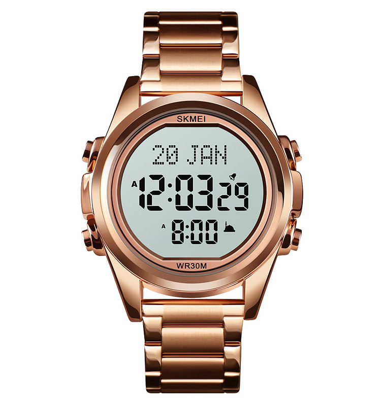 Skmei Muslim Digital Watch for Prayer Qibla Compass Hijri Calendar Quran Bookmark City Selection Function Date Week Alarm Backlight 3ATM Waterproof Men Azan Watches Islamic Wristband Men's Rose Gold