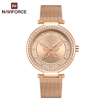 NAVIFORCE NF5018 Elegant Butterfly Pattern Diamond Stainless Steel Mesh Strap Quartz Watch For Women Rose Gold