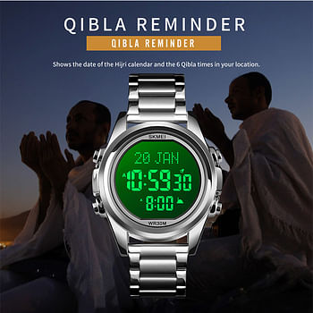 Skmei Muslim Digital Watch for Prayer Qibla Compass Hijri Calendar Quran Bookmark City Selection Function Date Week Alarm Backlight 3ATM Waterproof Men Azan Watches Islamic Wristband Men's Gifts Gold