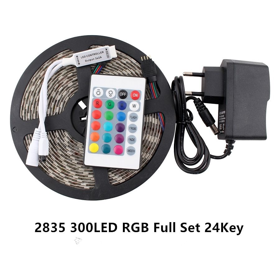 5M RGB LED Strip Tape With Remote Controller AC Power Supply 12V 2A 2835 LED Lights No Waterproof 4 Pin Connect TV Backlights