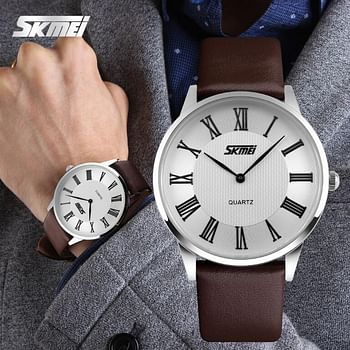 New Quartz Couple  Watches SKMEI 9092 Men's Women's Wristwatch Fashion Leather Slim Simple Waterproof Retro Roman Numerals Watches Black