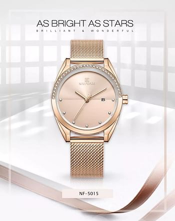 NAVIFORCE NF5015 Ladies Stainless Steel Mesh Crystal Date Display Quartz Watch - Rose Gold
