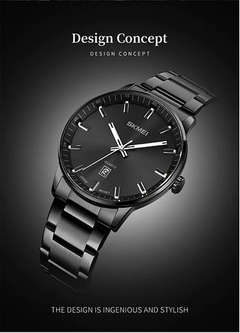 SKMEI 1878 Mens Watches Top Brand Luxury Stainless Steel Strap 3Bar Waterproof Date Time Watch Quartz Wristwatch - Black