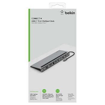 Belkin CONNECT USB-C 11-in-1 Multiport Dock - Aux, VGA, Micro/SD Slots, Ethernet, 2x USB-A 3.0, USB-A 2.0, DP, HDMI 4K, Type-C Ports, for MacBook Pro/Air, iPad Pro & other USB-C Devices