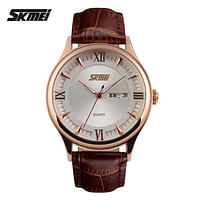 SKMEI 9091 White Dial Original Leather Straps Wrist Watch for Men - BR-RG