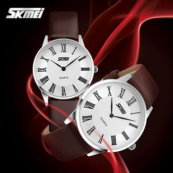New Quartz Couple  Watches SKMEI 9092 Men's Women's Wristwatch Fashion Leather Slim Simple Waterproof Retro Roman Numerals Watches Brown Silver
