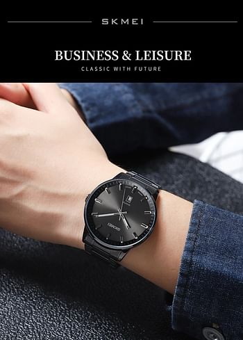 SKMEI 1878 Mens Watches Top Brand Luxury Stainless Steel Strap 3Bar Waterproof Date Time Watch Quartz Wristwatch - Black