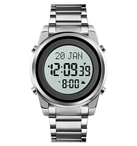 Skmei 1734 Muslim Qibla Watch Digital Compass Stainless Steel Waterproof Elegant Azan Watch- Silver