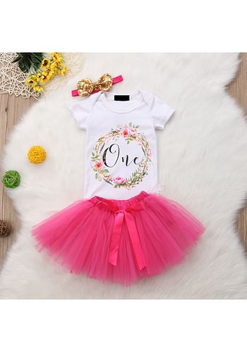 One Birthday Outfit Baby Girl Party Fancy Dress | Photography Costume | 3 Pcs Set - Hot Pink