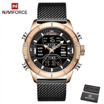 NAVIFORCE 9153 Man Quartz Watch Dual Time Calendar Week Date Display Noctilucent Waterproof Stainless Steel Band Male Wristwatch RG/B