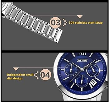 SKMEI 9097 Chronograph Stainless Steel Strap 30M Waterproof Wrist Watch for Men - Silver Blue