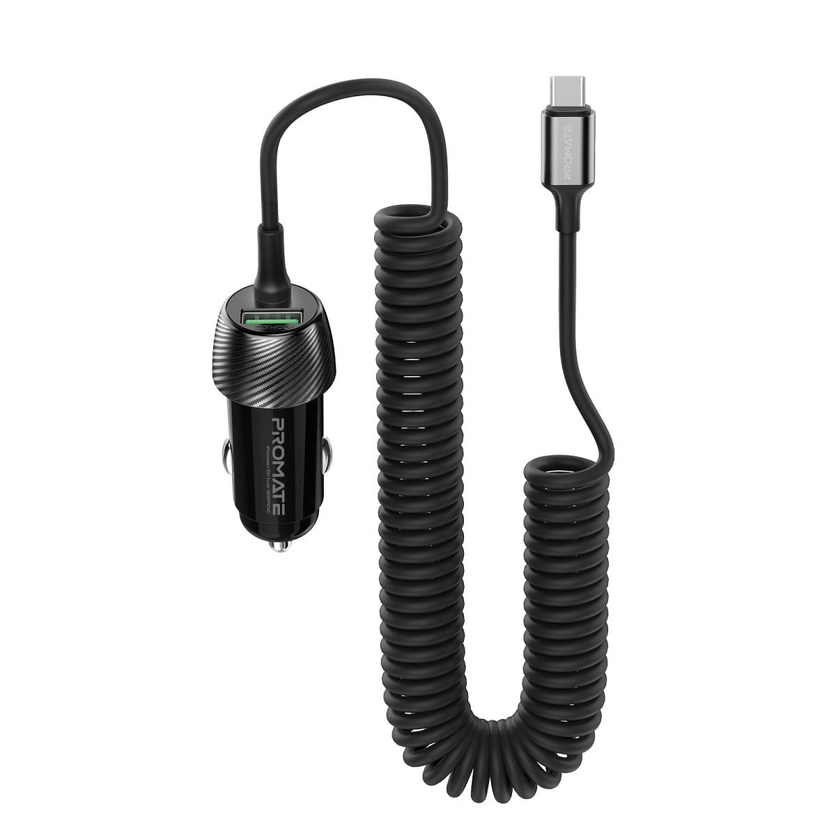 Promate USB-C Car Charger with QC 3.0 Port, 33W USB-C Power Delivery and Coiled Cable,