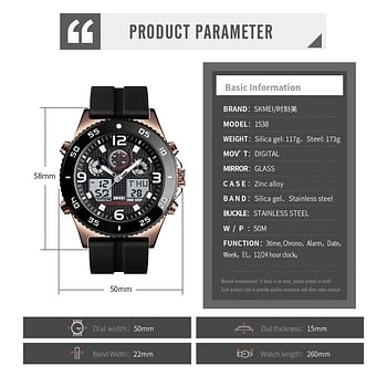 SKMEI 1538 Men Sport Watches Fashion Stopwatch Alarm Dual Display Waterproof Rubber Band For Man Black