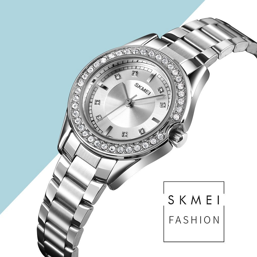 Skmei 1534 Fashion Inlay Case 3Bar Waterproof Stainless Steel Strap Women Quartz Watch Innovative Design Rhinestone Silver