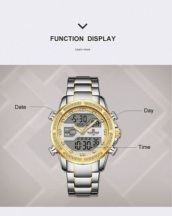 Neviforce NF9190 Dual Time Multifunction Luxury Stainless Steel Watch For Men- Silver Gold