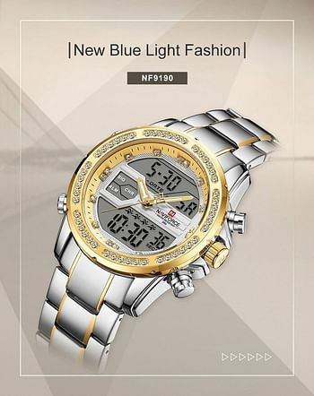 Neviforce NF9190 Dual Time Multifunction Luxury Stainless Steel Watch For Men- Silver Gold