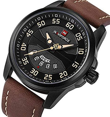 Naviforce NF9124 Men's Watch Sport Leather Strap Quartz Watch with Date and Day Display - Brown