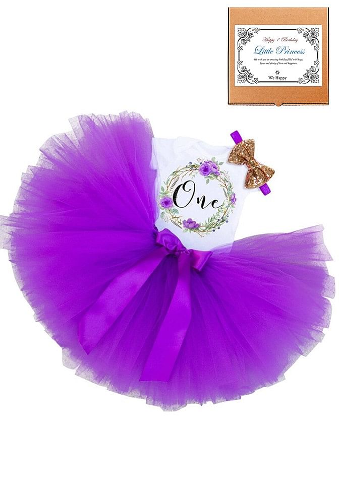 One Birthday Outfit Baby Girl Party Fancy Dress | Photography Costume | 3 Pcs Set - Purple