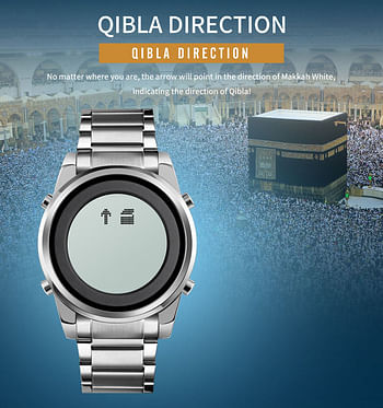 Skmei 1734 Muslim Qibla Watch Digital Compass Stainless Steel Waterproof Elegant Azan Watch- Silver