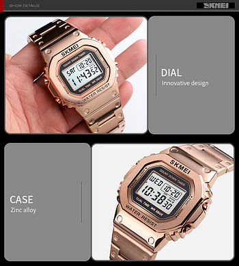 New SKMEI 1456 Outdoor Sport Chronograph LED Light Stainless Steel Countdown Digital Watch For Men - Rose Gold