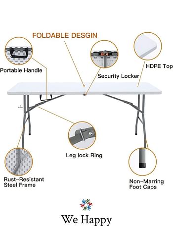 We Happy Folding Table - Foldable Heavy Duty Plastic Table for Indoor & Outdoor Parties, Picnic, Camping, Wedding BBQ Catering, Garden Dining - Fold-In-Half Portable Utility Table - White - 6ft