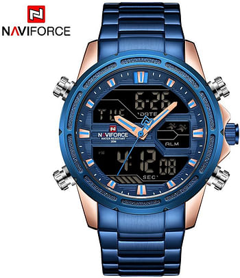 NAVIFORCE NF9138S Dual Display Two Movement Quartz Digital Men Watch 3ATM Waterproof Business Sports Luminous Male Watch Week Date Calendar Alarm Backlight Timer Wristwatch for Men with Stainless