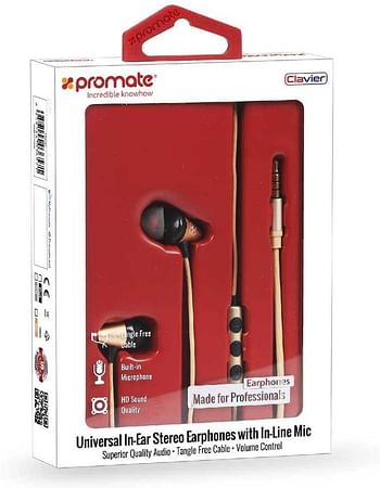 Promate Earphone For iPad Pro with Microphone, In-Ear Headset with 3.5mm Audio Jack, Gold