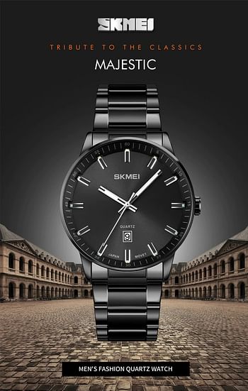 SKMEI 1878 Mens Watches Top Brand Luxury Stainless Steel Strap 3Bar Waterproof Date Time Watch Quartz Wristwatch - Black