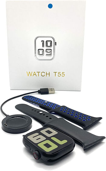 T55 - SMART WATCH - Dual Straps - Apps Notification - Multiple Time Faces - 48 to 72 Hours Battery Life - Changeable Straps - IP-67 Waterproof - Size 44mm: 44 * 38 * 10.7mm (Blue)