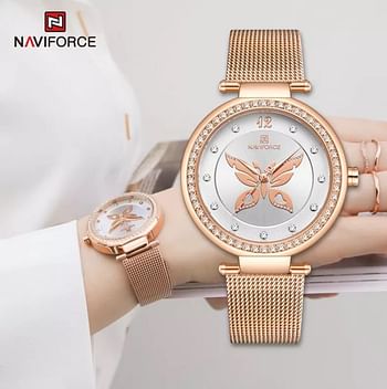 NAVIFORCE NF5018 Elegant Butterfly Pattern Diamond Stainless Steel Mesh Strap Quartz Watch For Women RG- W