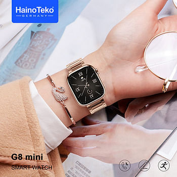 Haino Teko Germany G8 Mini Rose Gold Edition Smart Watch for Her 45mm, Bluetooth Call, Wireless Charging, One Extra Strap + Bangle