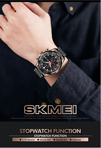 SKMEI 9192 Business Men Quartz Watch Luxury Dress Stopwatch Clock Waterproof Watches Stainless Steel Strap Relogio Masculino- BLK -GD