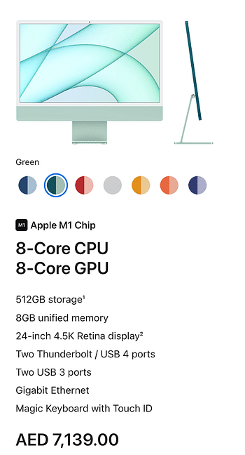 Apple iMac 24" M1 8-Core CPU  8GB/512 GB SSD Green