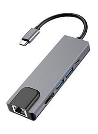 Type C To Ethernet HDMI USB Convertor 5 in 1 Adapter 103 x 11 x 32.3millimeter - Grey and Black