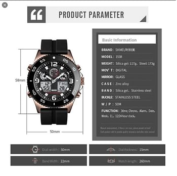 SKMEI 1538 Men Sport Watches Fashion Stopwatch Alarm Dual Display Waterproof Rubber Band For Man RG/B