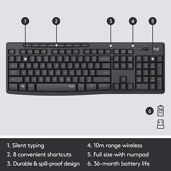 Logitech MK295 Wireless Mouse & Keyboard Combo with SilentTouch Technology, Full Numpad, Advanced Optical Tracking, Lag-Free Wireless, 90% Less Noise - Graphite English