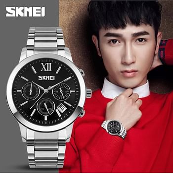 SKMEI 9097 Chronograph Stainless Steel Strap 30M Waterproof Wrist Watch for Men - Silver